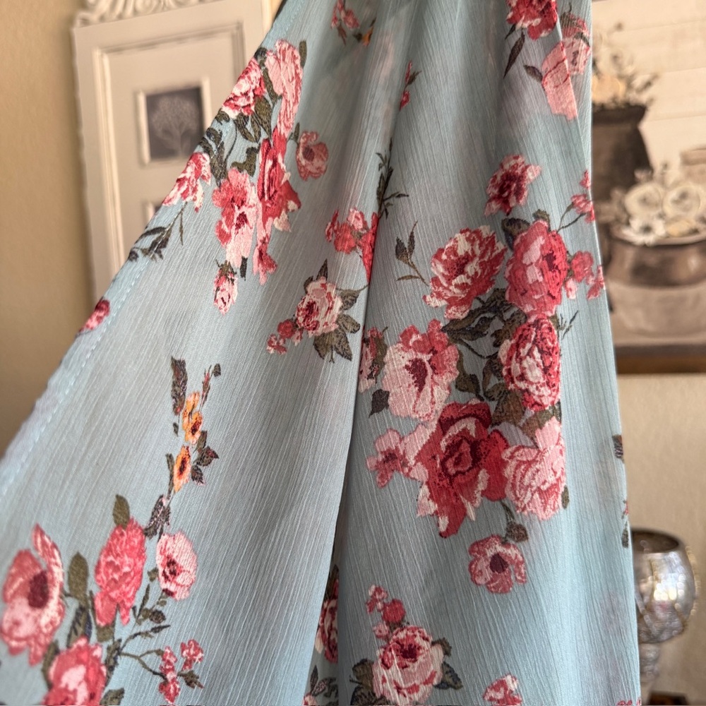 Floral Sheer Kimono Duster with Crochet Light Blue Pink Boho Layering Romantic - Picture 7 of 16